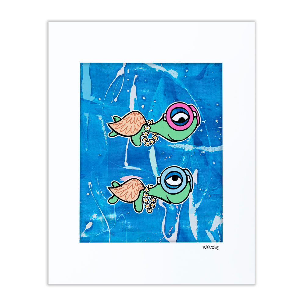 Two green turtle characters wearing snorkel masks and flowers — matted fine art print by Maui artist Welzie