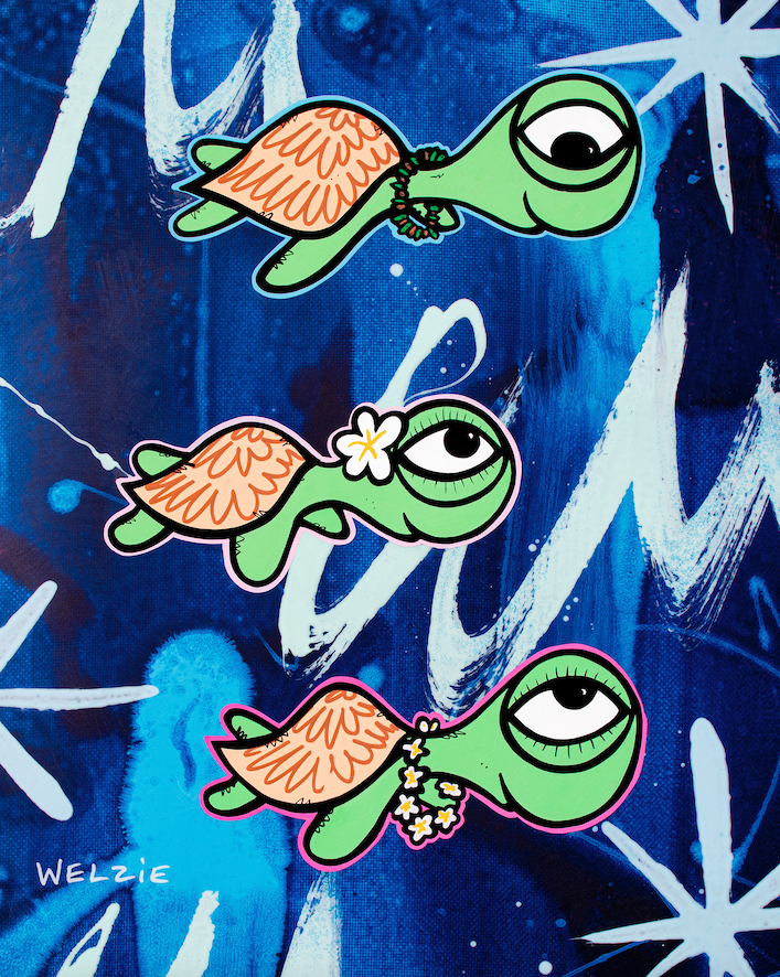 Three turtle characters swimming against a dark blue background — aluminum reproduction by Maui artist Welzie