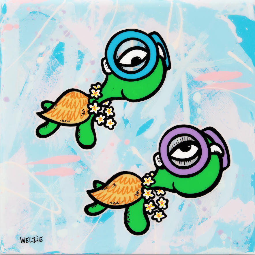 Two green turtle characters swimming together — aluminum reproduction by Maui artist Welzie