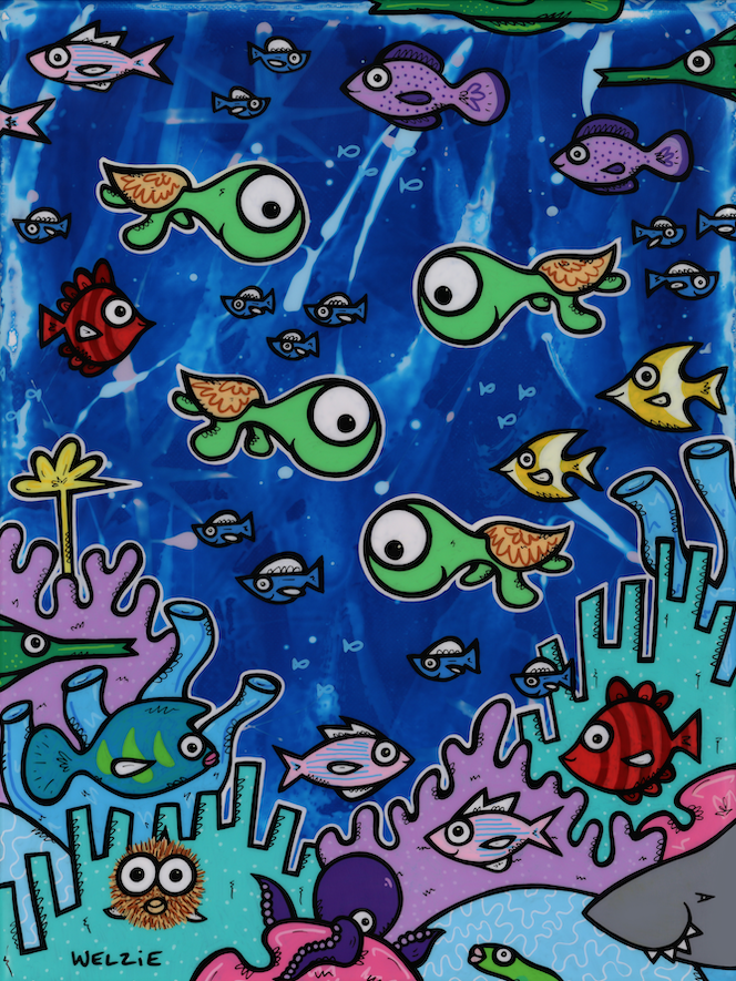 Busy, colorful underwater scene with turtles and fish among coral — aluminum reproduction by Maui artist Welzie