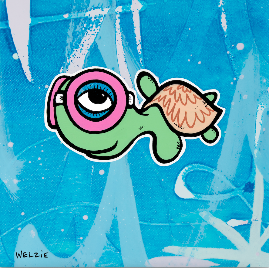 Single green turtle character wearing a pink snorkel mask — aluminum reproduction by Maui artist Welzie