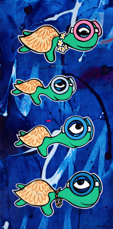 Four turtle characters wearing snorkel masks arranged vertically — aluminum reproduction by Maui artist Welzie