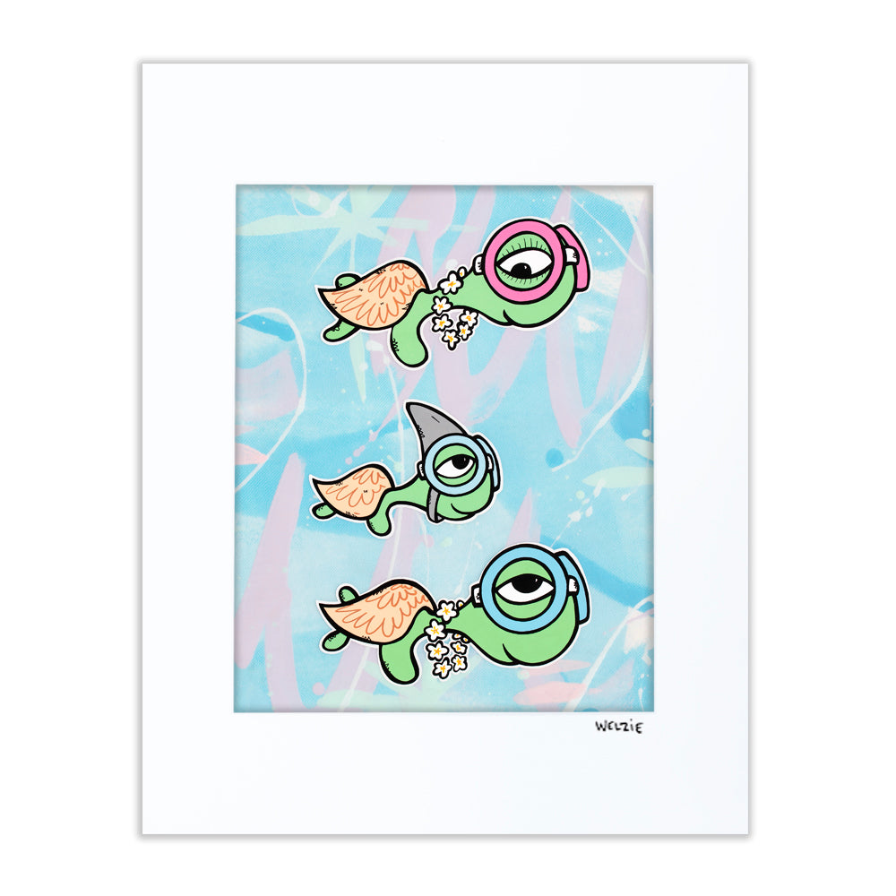 Three turtle characters swimming alongside a shark character — matted fine art print by Maui artist Welzie