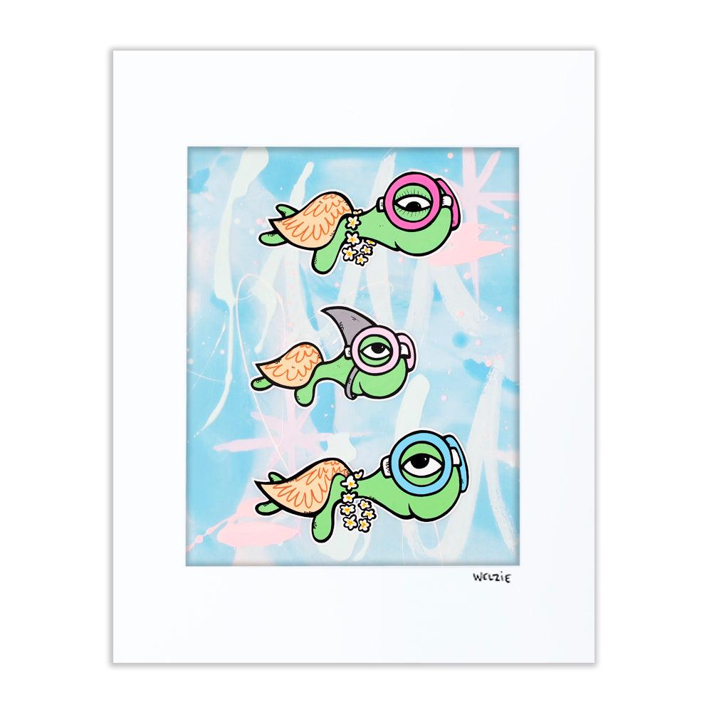 Three turtle characters wearing snorkel masks against a light background — matted fine art print by Maui artist Welzie