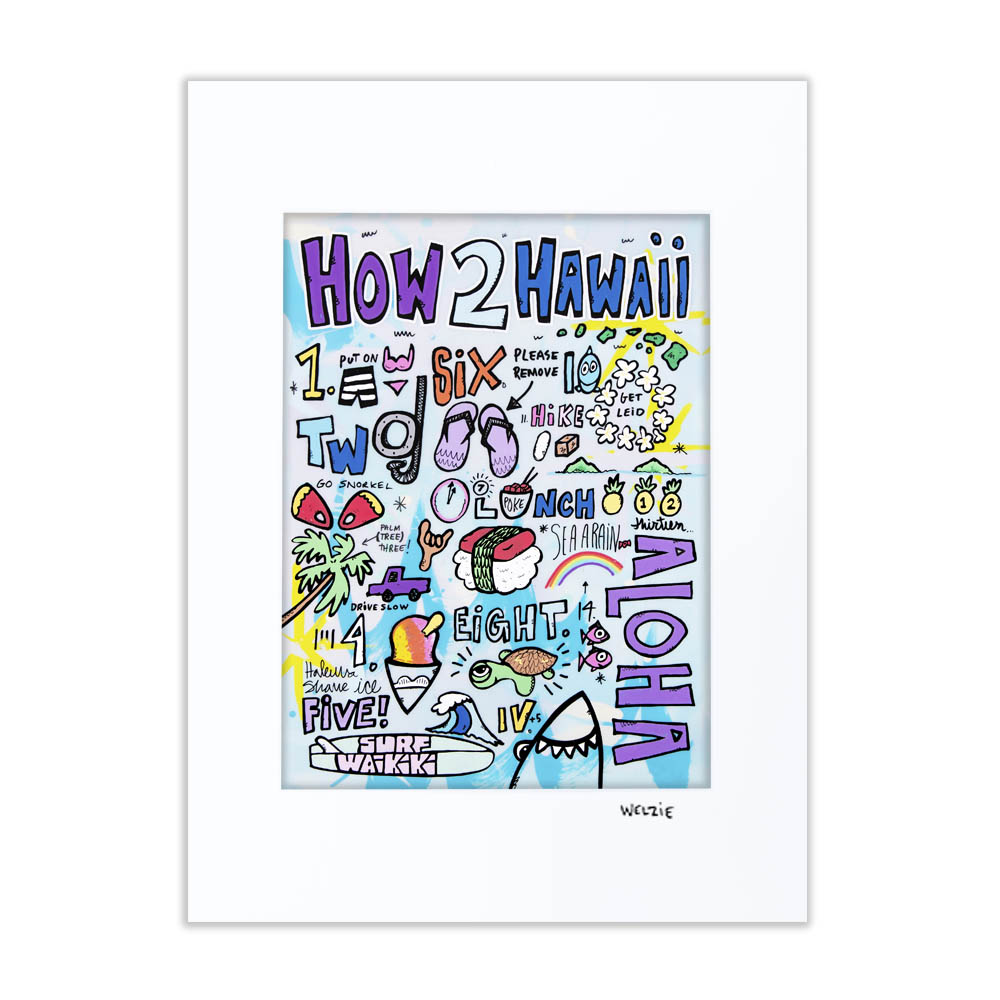 Colorful infographic-style illustration with numbers and Hawaii icons — matted fine art print by Maui artist Welzie