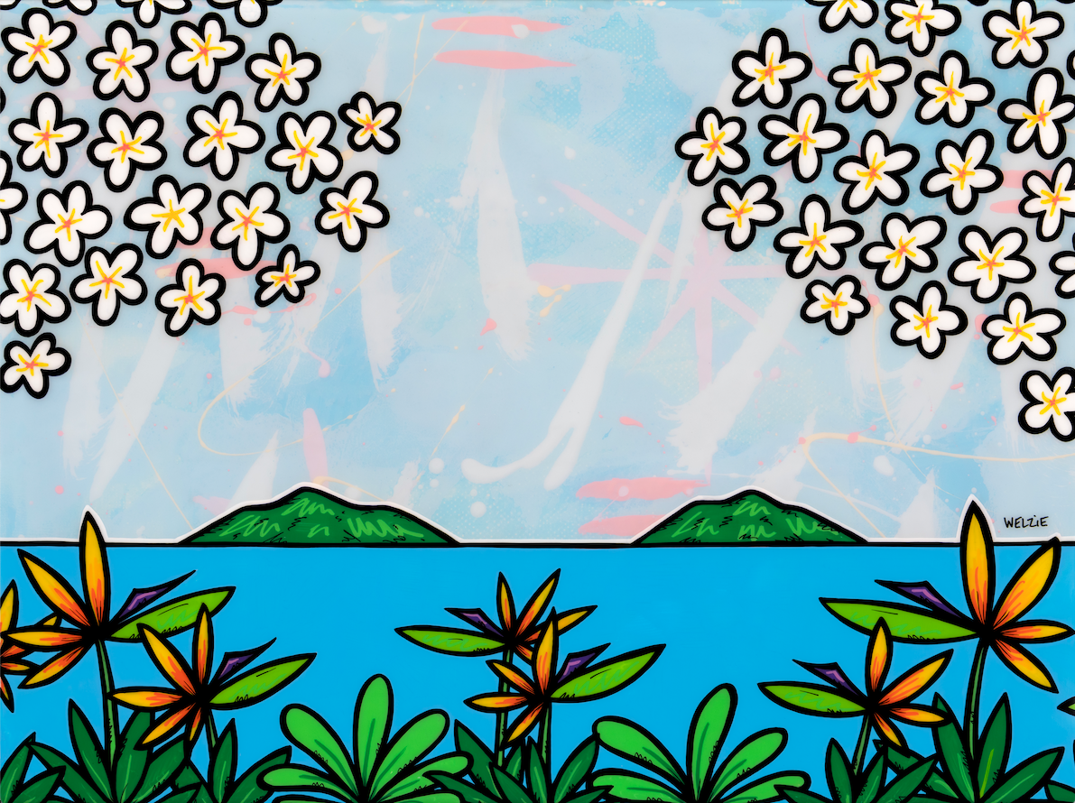 Palm trees and ocean framed by plumeria flowers along the top border — aluminum reproduction by Maui artist Welzie
