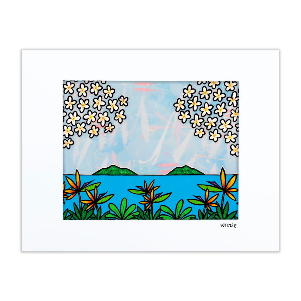 Palm trees and ocean framed by plumeria flowers along the top border — matted fine art print by Maui artist Welzie