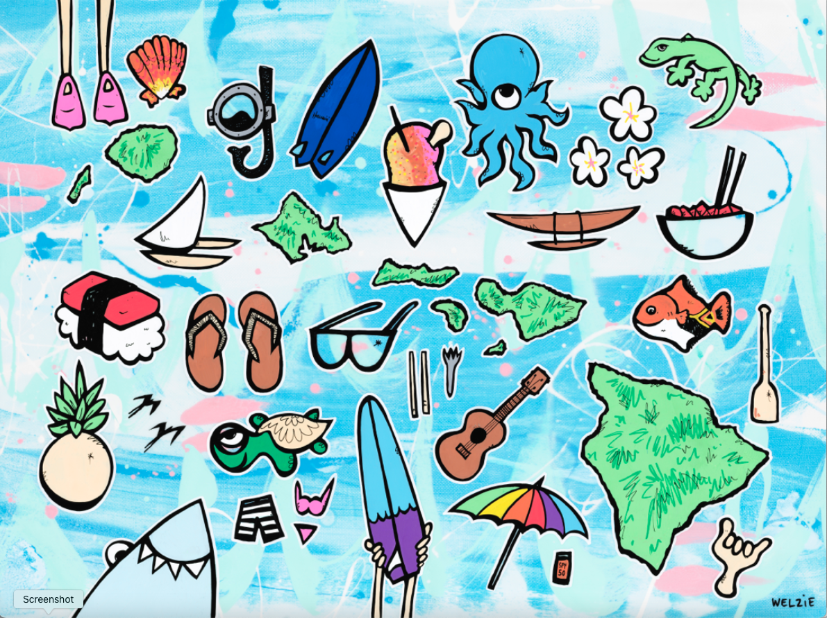 Collage of small Hawaii-themed icons like flip-flops, a ukulele, and a pineapple — aluminum reproduction by Maui artist Welzie