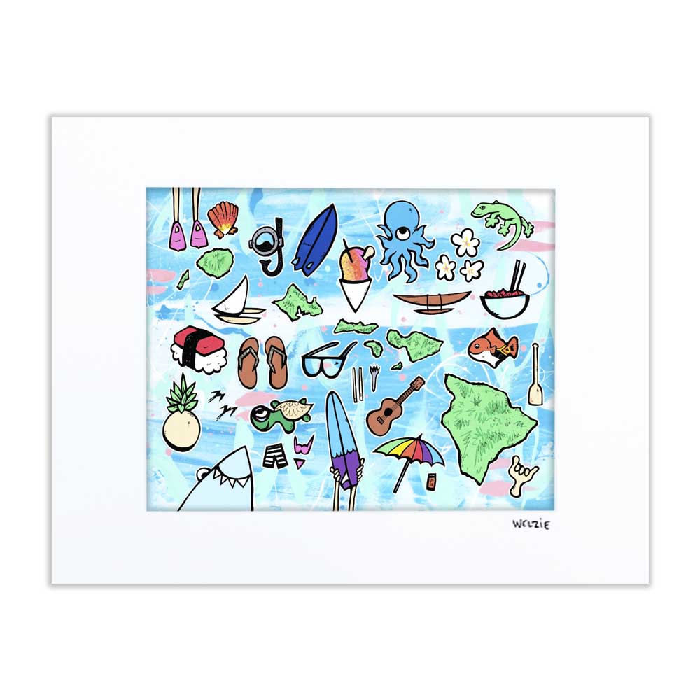 Collage of small Hawaii-themed icons like flip-flops, a ukulele, and a pineapple — matted fine art print by Maui artist Welzie