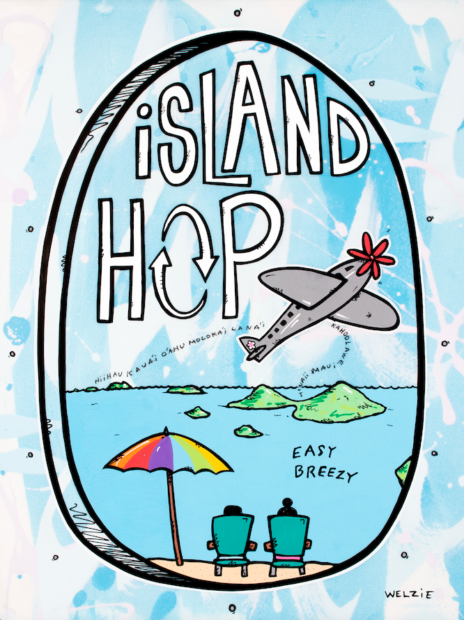Airplane flying over islands with beach chairs and "ISLAND HOP" lettering — aluminum reproduction by Maui artist Welzie