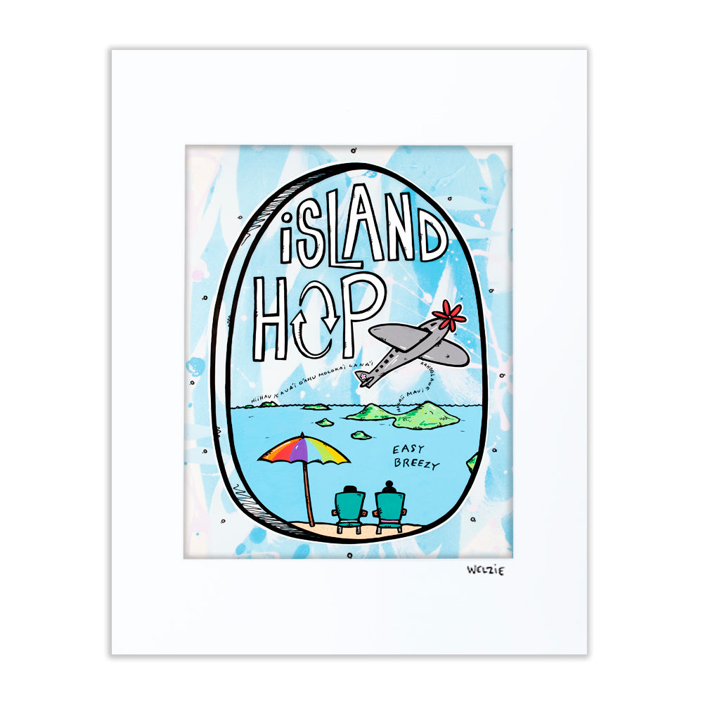 Airplane flying over islands with beach chairs and "ISLAND HOP" lettering — matted fine art print by Maui artist Welzie