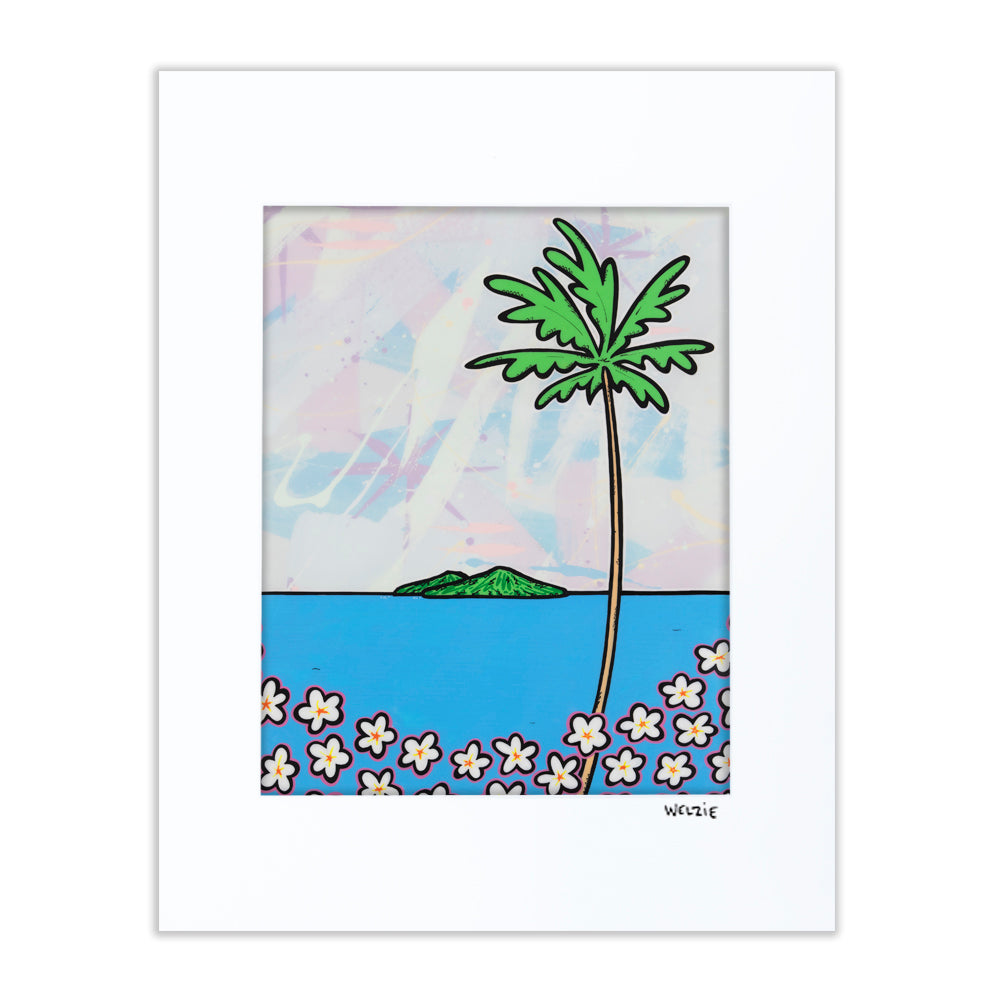 blue ocean with island and palm tree. Set with a white frame around it