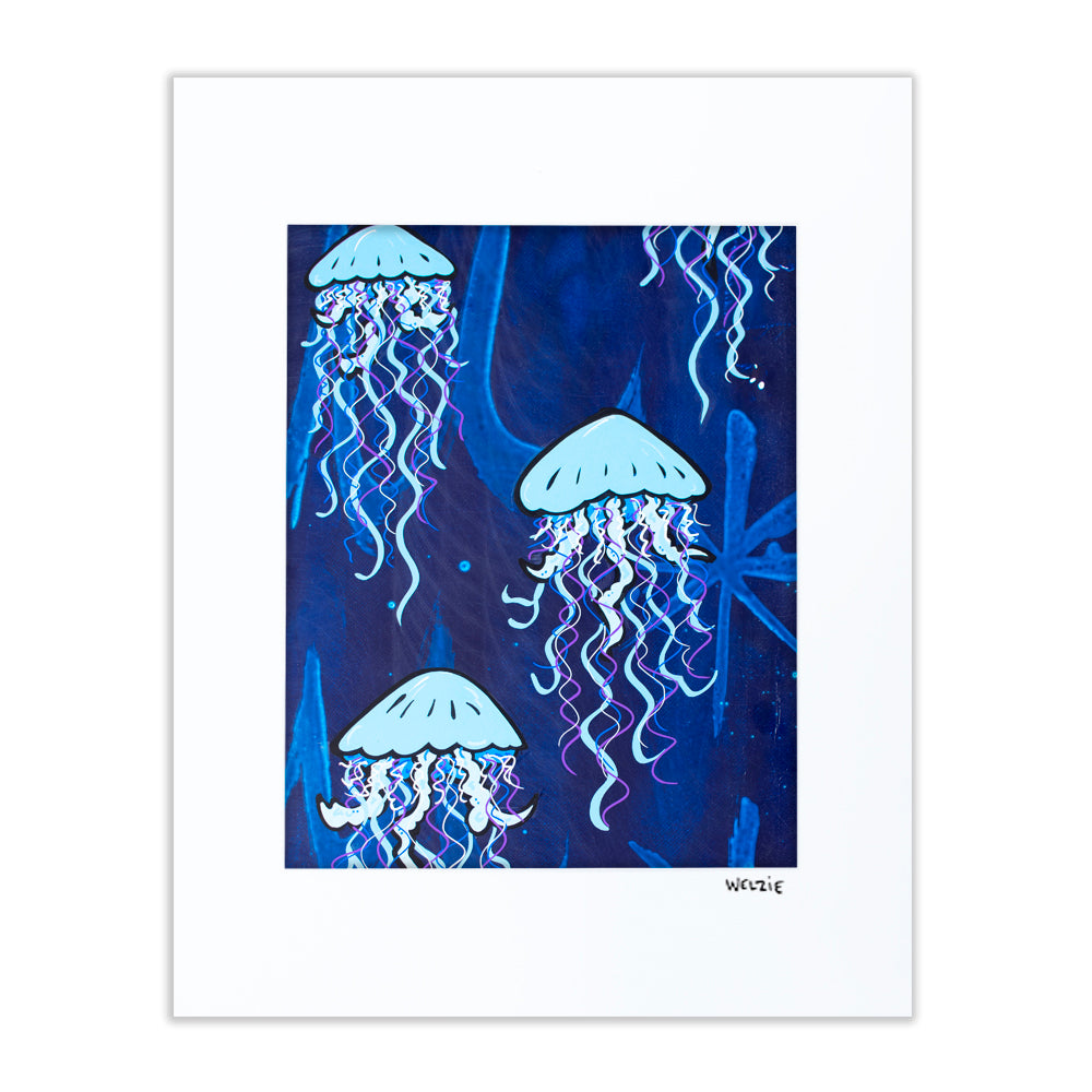 Cluster of pink and purple jellyfish floating through a deep blue gradient — matted fine art print by Maui artist Welzie