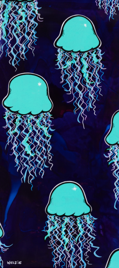 Jellyfish floating vertically against a navy background — aluminum reproduction by Maui artist Welzie