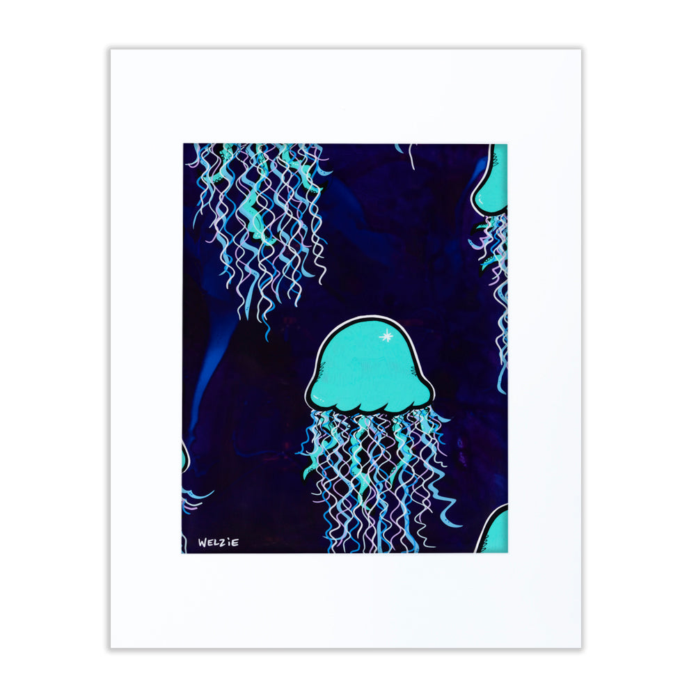 Jellyfish floating vertically against a navy background — matted fine art print by Maui artist Welzie