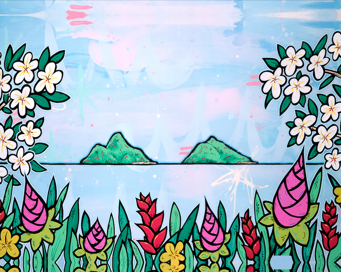 Island coastline landscape with tropical flowers in the foreground — aluminum reproduction by Maui artist Welzie
