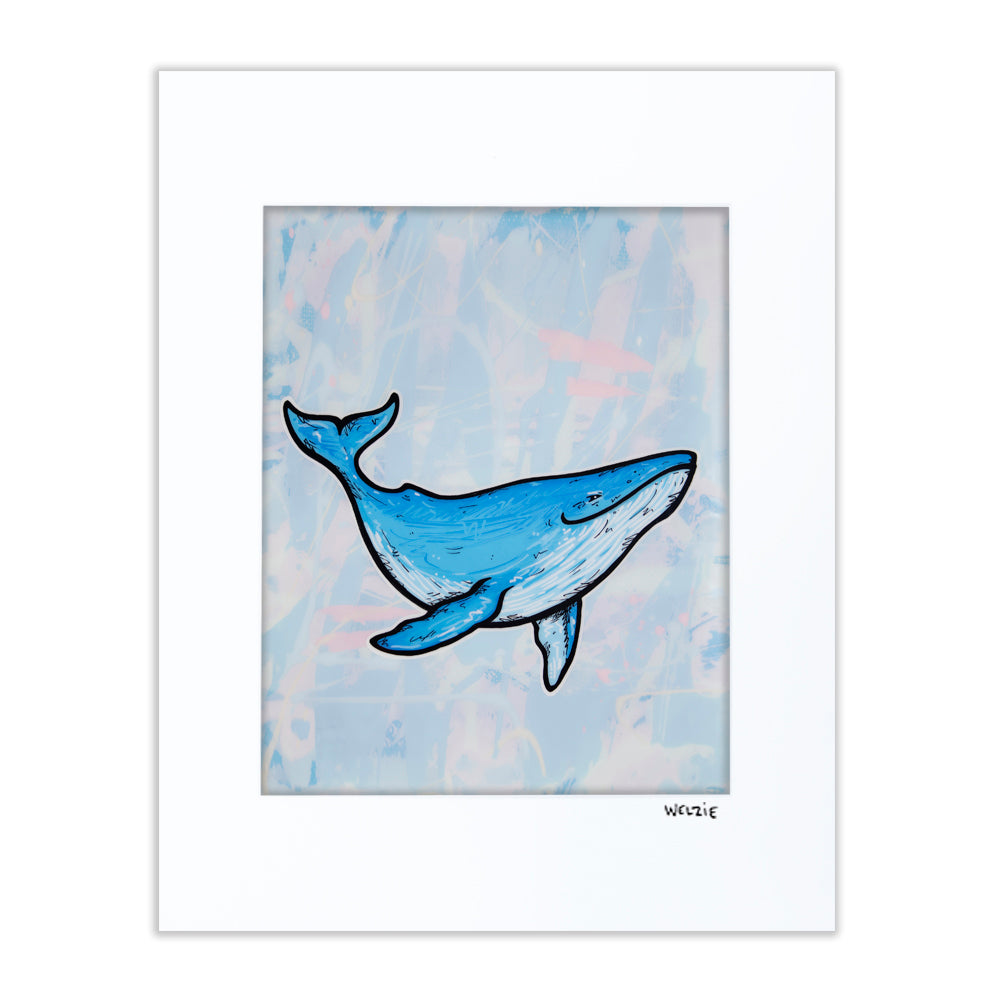 Single blue whale figure in a soft painterly style — matted fine art print by Maui artist Welzie