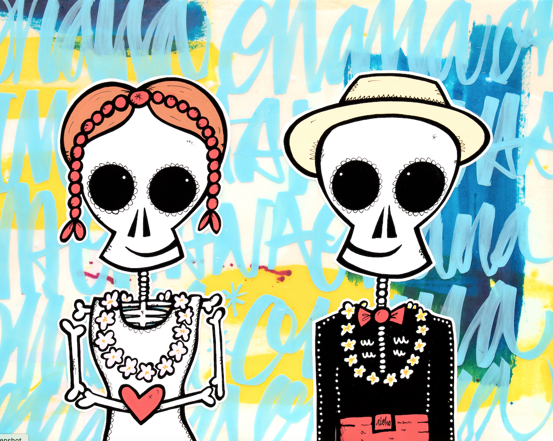 Two skeleton figures dressed in Hawaiian attire, Day of the Dead style — aluminum reproduction by Maui artist Welzie