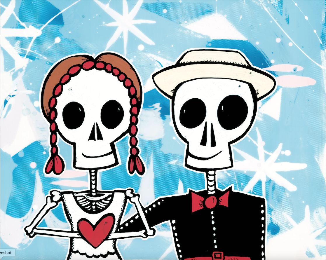 Two skeleton figures holding hands beside a red heart — aluminum reproduction by Maui artist Welzie