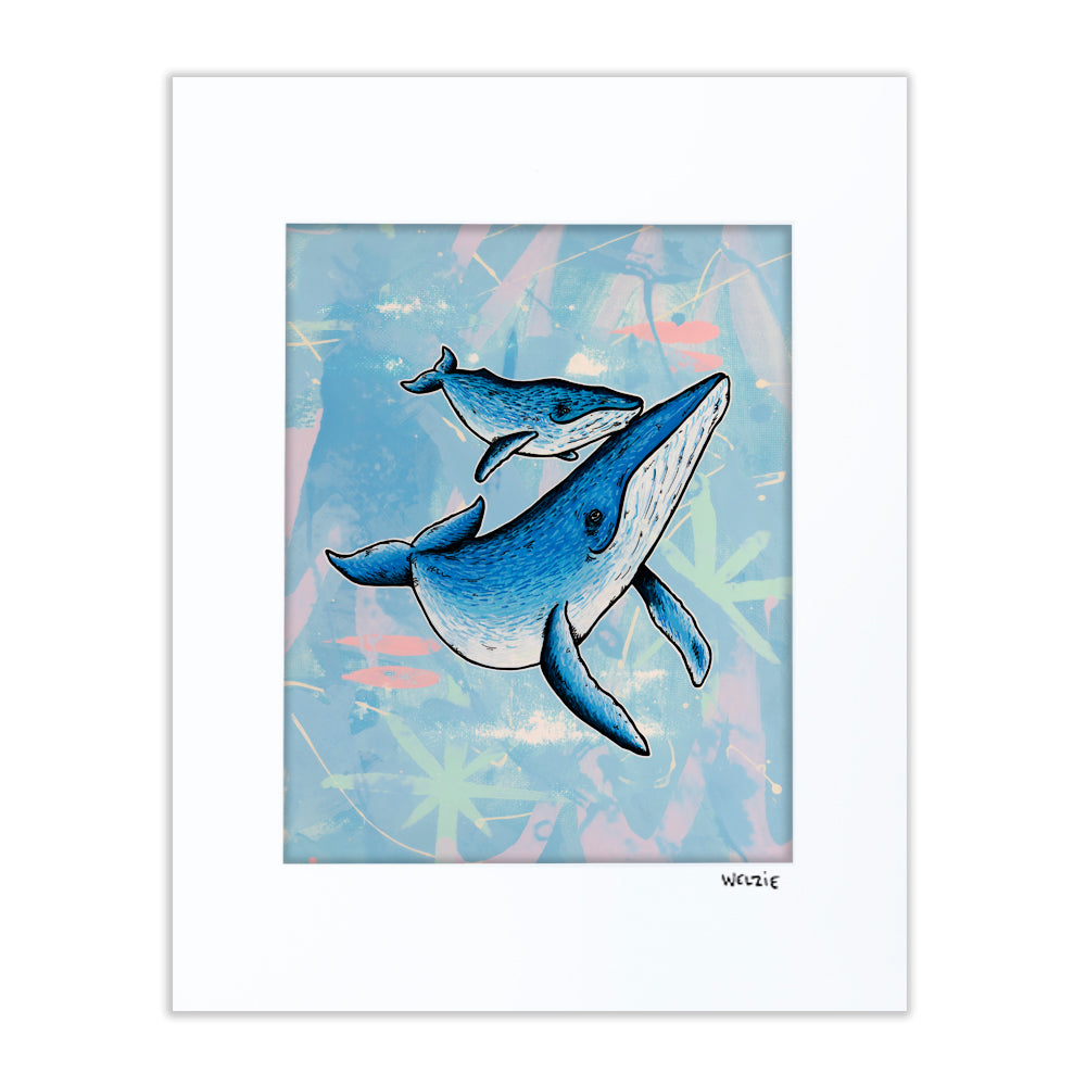 Two whales swimming together in soft blue tones — matted fine art print by Maui artist Welzie
