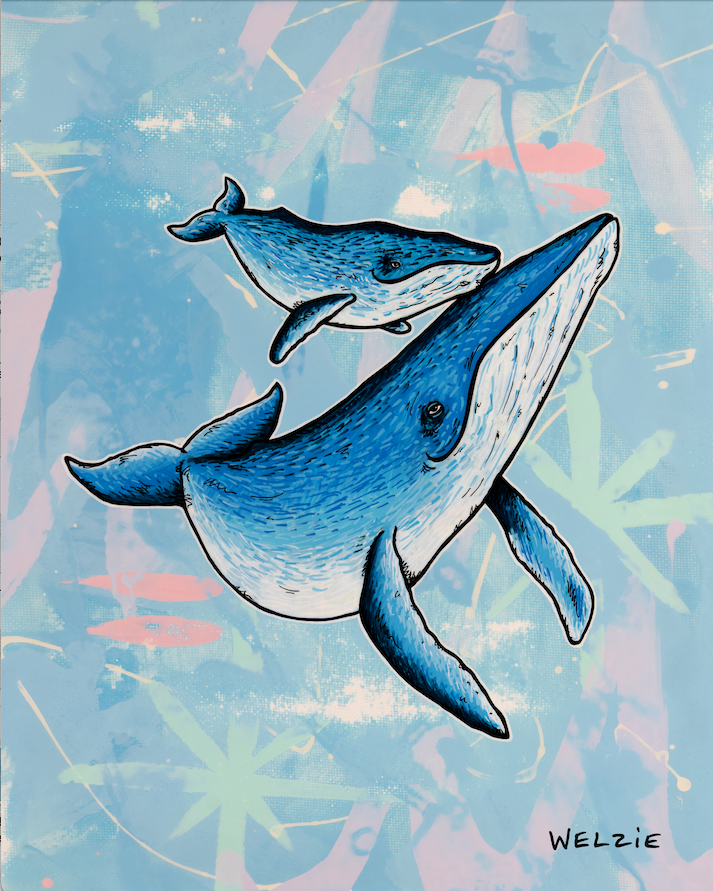 Two whales swimming together in soft blue tones — aluminum reproduction by Maui artist Welzie