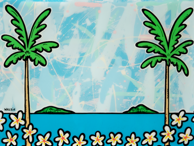 Two palm trees framing an ocean view, bordered by plumeria flowers — aluminum reproduction by Maui artist Welzie