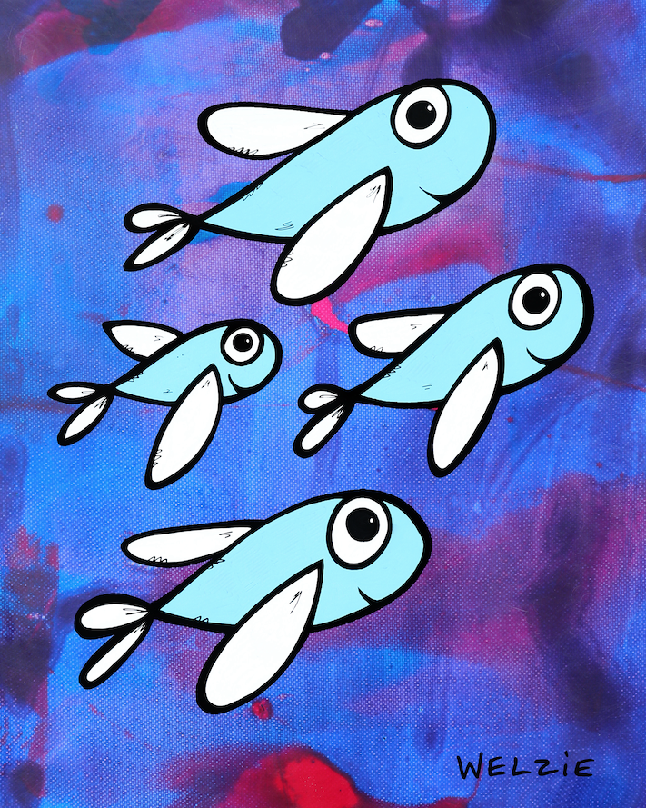 Four flying fish figures against a purple and blue background — aluminum reproduction by Maui artist Welzie