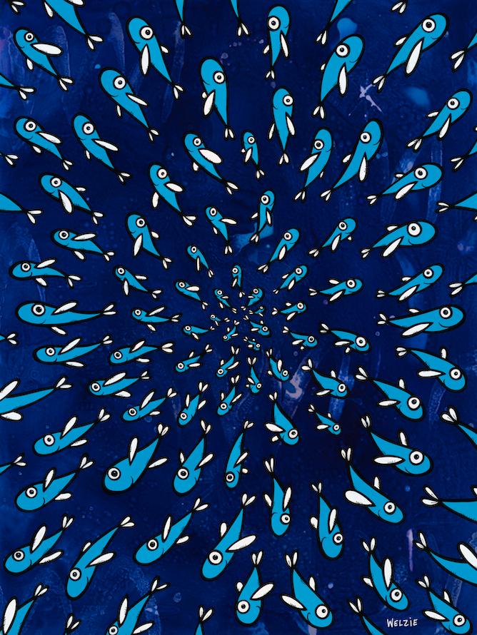 Fish pattern radiating outward in a spiral burst against navy blue — aluminum reproduction by Maui artist Welzie