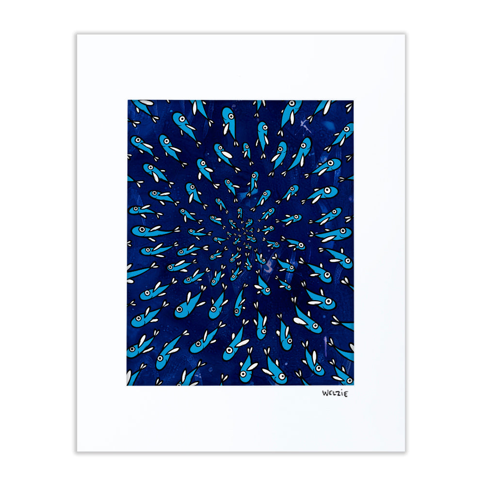 Fish pattern radiating outward in a spiral burst against navy blue — matted fine art print by Maui artist Welzie