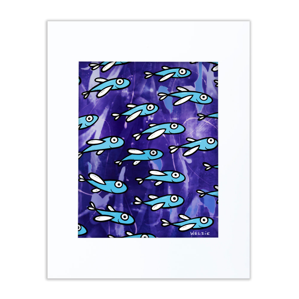 Repeating pattern of blue flying fish on a purple background — matted fine art print by Maui artist Welzie