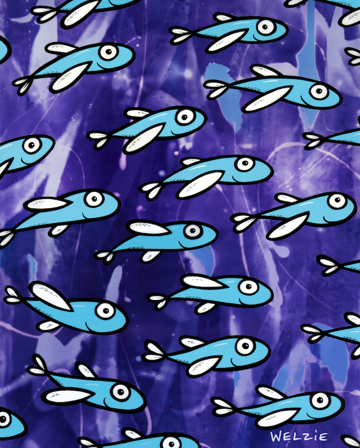 Repeating pattern of blue flying fish on a purple background — aluminum reproduction by Maui artist Welzie