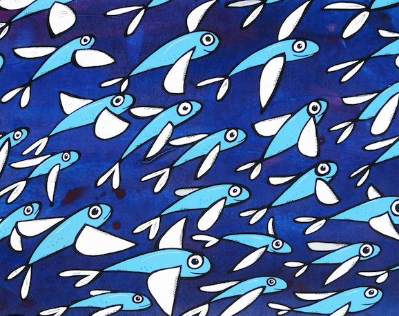 Repeating pattern of blue and white fish on a dark navy background — aluminum reproduction by Maui artist Welzie