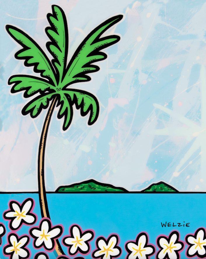 Single palm tree overlooking the ocean, framed by plumeria flowers — aluminum reproduction by Maui artist Welzie