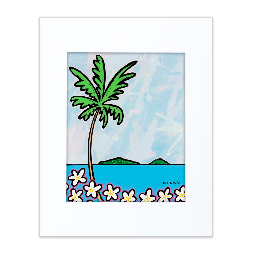 Single palm tree overlooking the ocean, framed by plumeria flowers — matted fine art print by Maui artist Welzie