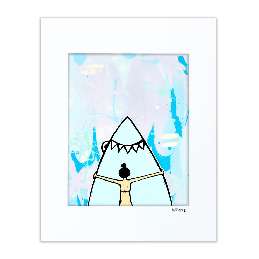Two shark characters sharing a friendly hug — matted fine art print by Maui artist Welzie
