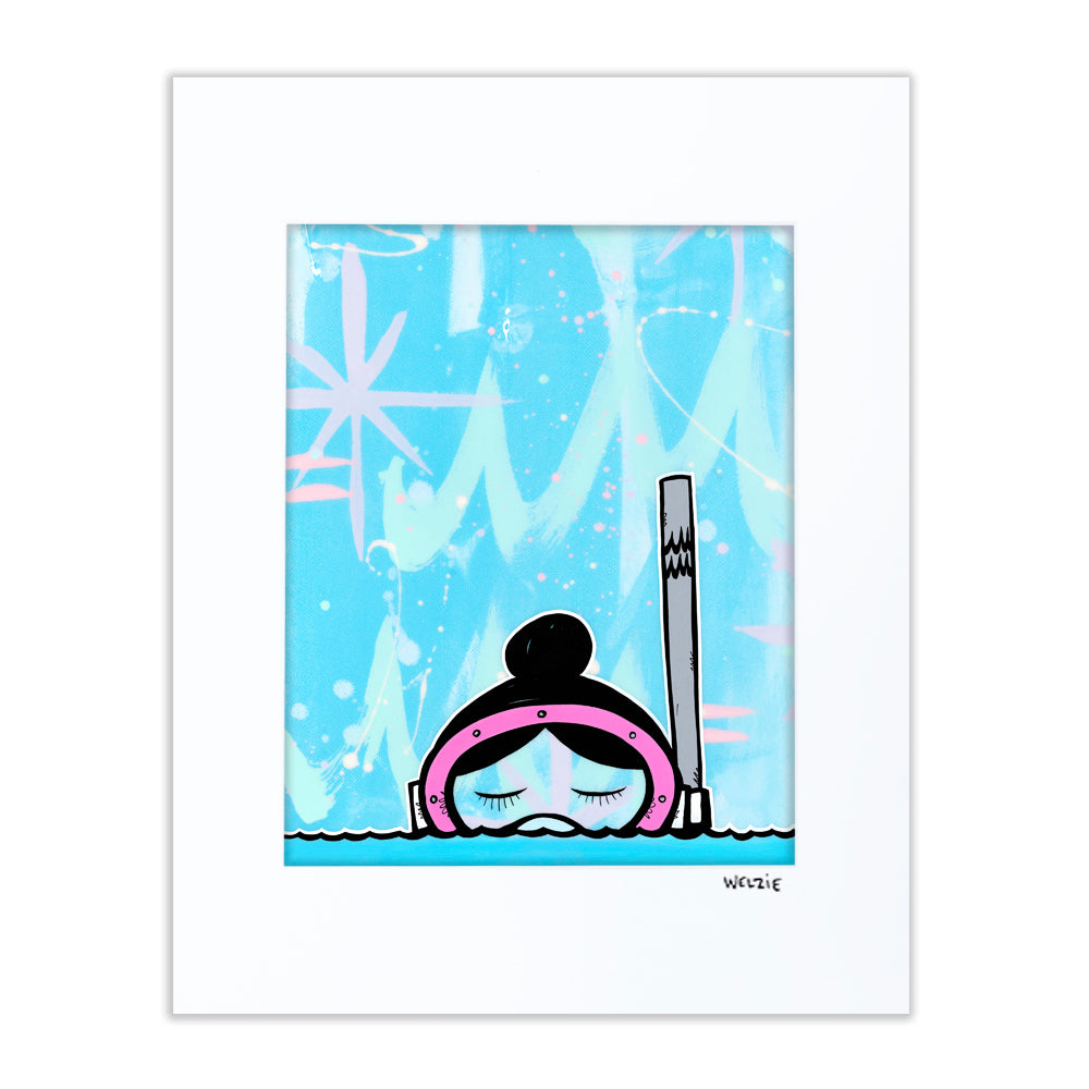 A character wearing a snorkel mask, playful portrait style — matted fine art print by Maui artist Welzie