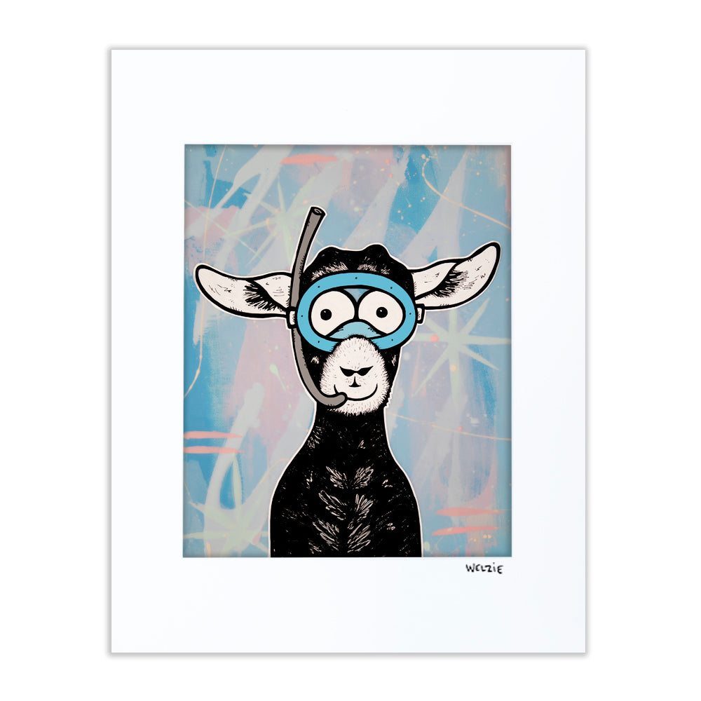 A goat character wearing a snorkel mask — matted fine art print by Maui artist Welzie