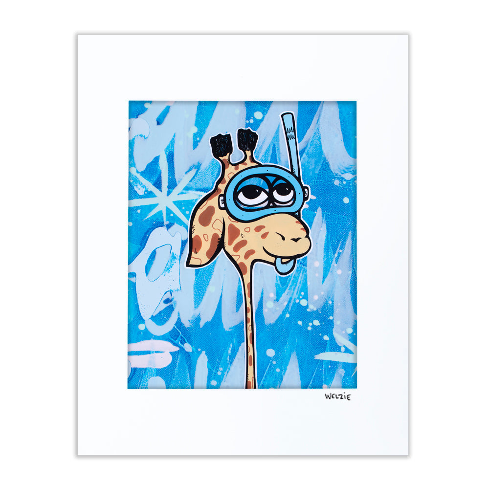 Multiple snorkeling characters together in a wide-format scene — matted fine art print by Maui artist Welzie