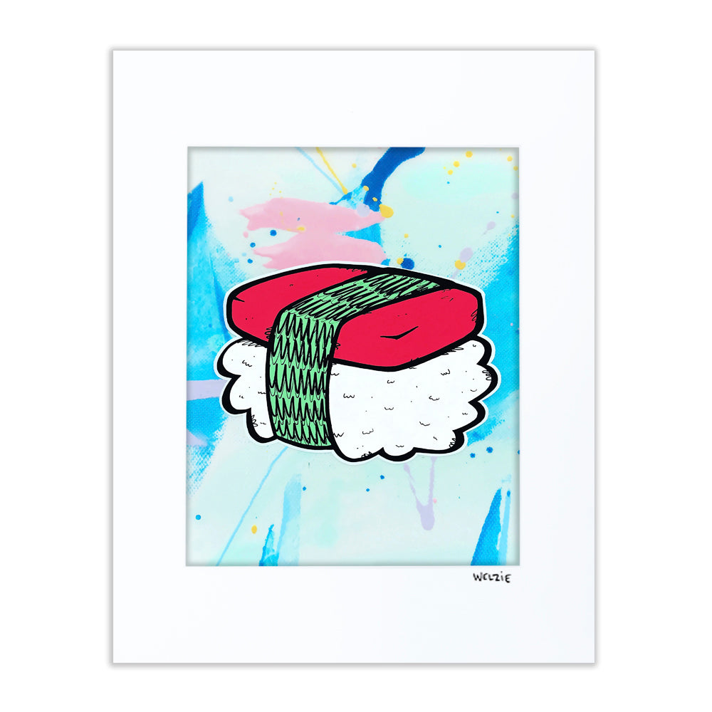 A Spam musubi illustrated in bold, playful pop-art style — matted fine art print by Maui artist Welzie