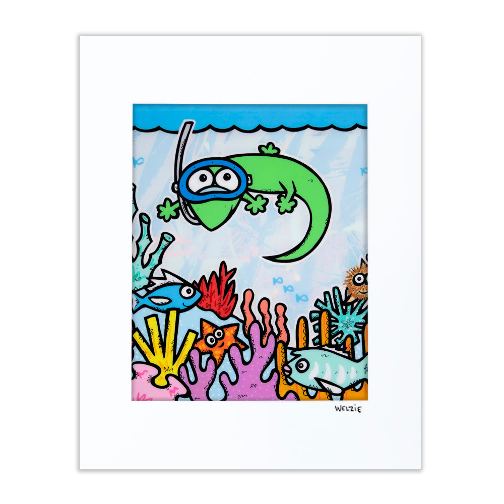 Playful characters swimming together in a bright summer scene — matted fine art print by Maui artist Welzie