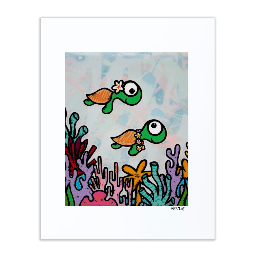 A character swimming toward a bright tropical paradise scene — matted fine art print by Maui artist Welzie