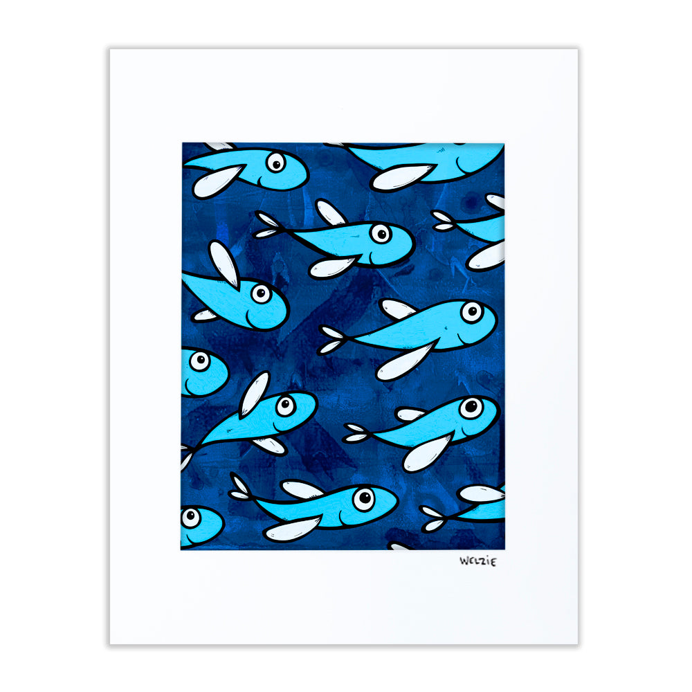 A group of characters swimming together as a team — matted fine art print by Maui artist Welzie