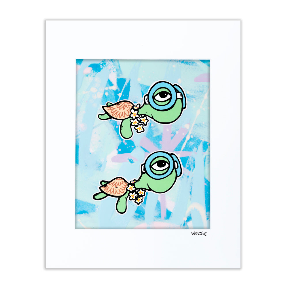 Two turtle characters swimming together with bold energy — matted fine art print by Maui artist Welzie