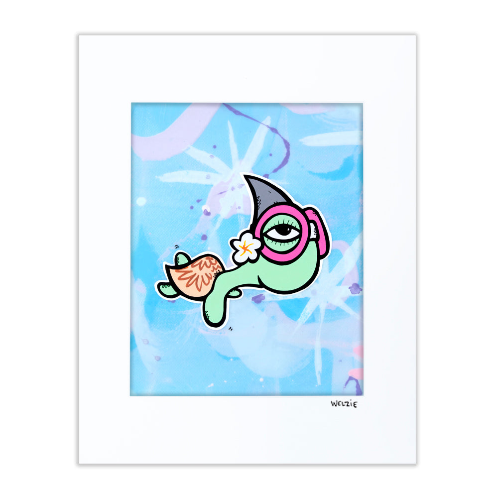A turtle character disguised among shark-patterned surroundings — matted fine art print by Maui artist Welzie