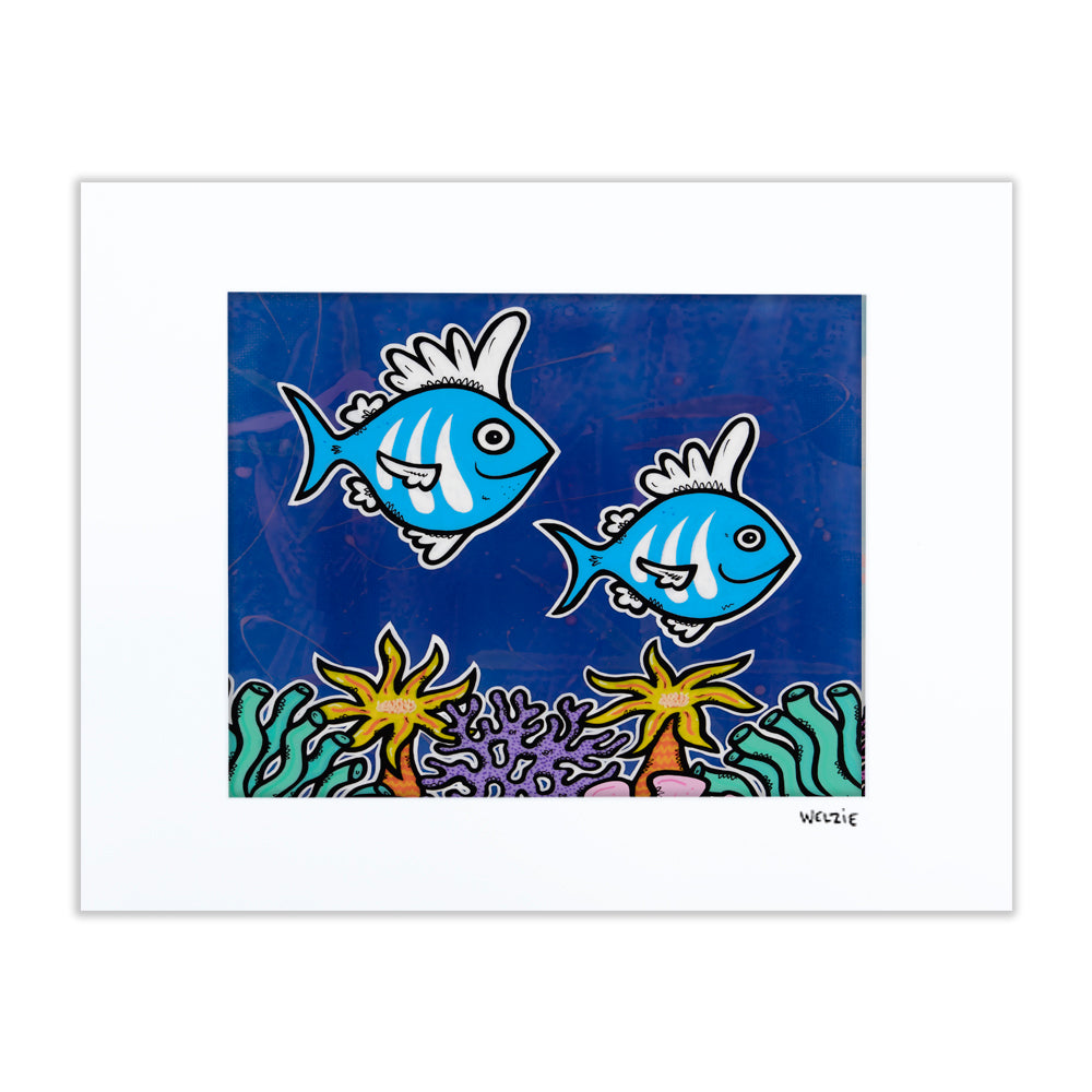 A dreamy, colorful underwater scene filled with sea life — matted fine art print by Maui artist Welzie