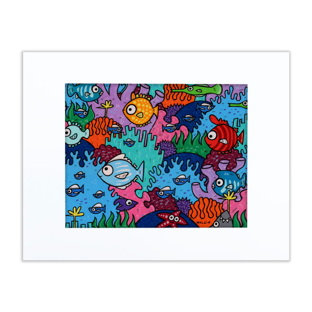A richly detailed underwater scene filled with diverse sea creatures — matted fine art print by Maui artist Welzie