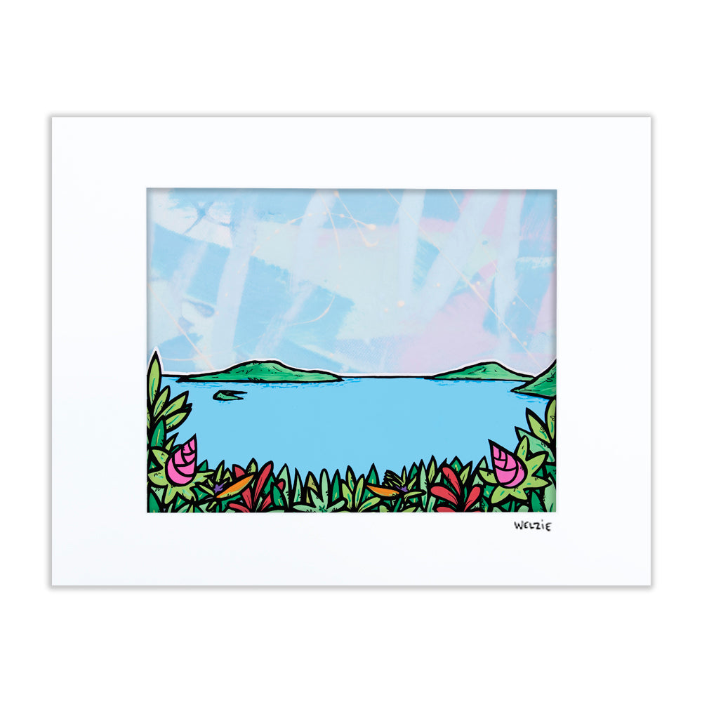 A coastal Wailea scene with palm trees, ocean, and mountains — matted fine art print by Maui artist Welzie