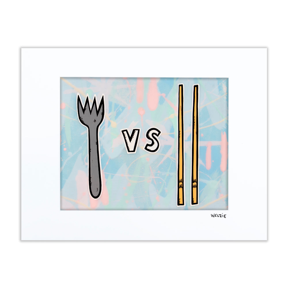 A fork and chopsticks illustrated side by side, playful comparison — matted fine art print by Maui artist Welzie