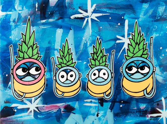 Four pineapple characters wearing snorkel masks against a navy background — aluminum reproduction by Maui artist Welzie