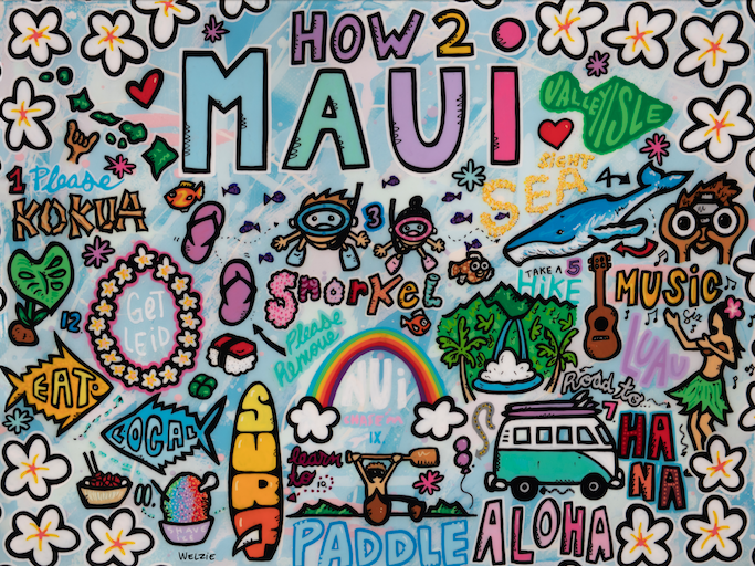 Colorful doodle-style collage of Maui icons and lettering — aluminum reproduction by Maui artist Welzie